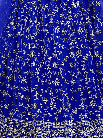 Odette Blue Georgette Embroidered Semi-Stitched Lehenga For Women