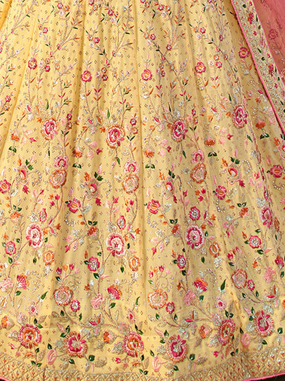 Odette Yellow Embroidered Organza Semi Stitched Lehenga With Blouse For Women