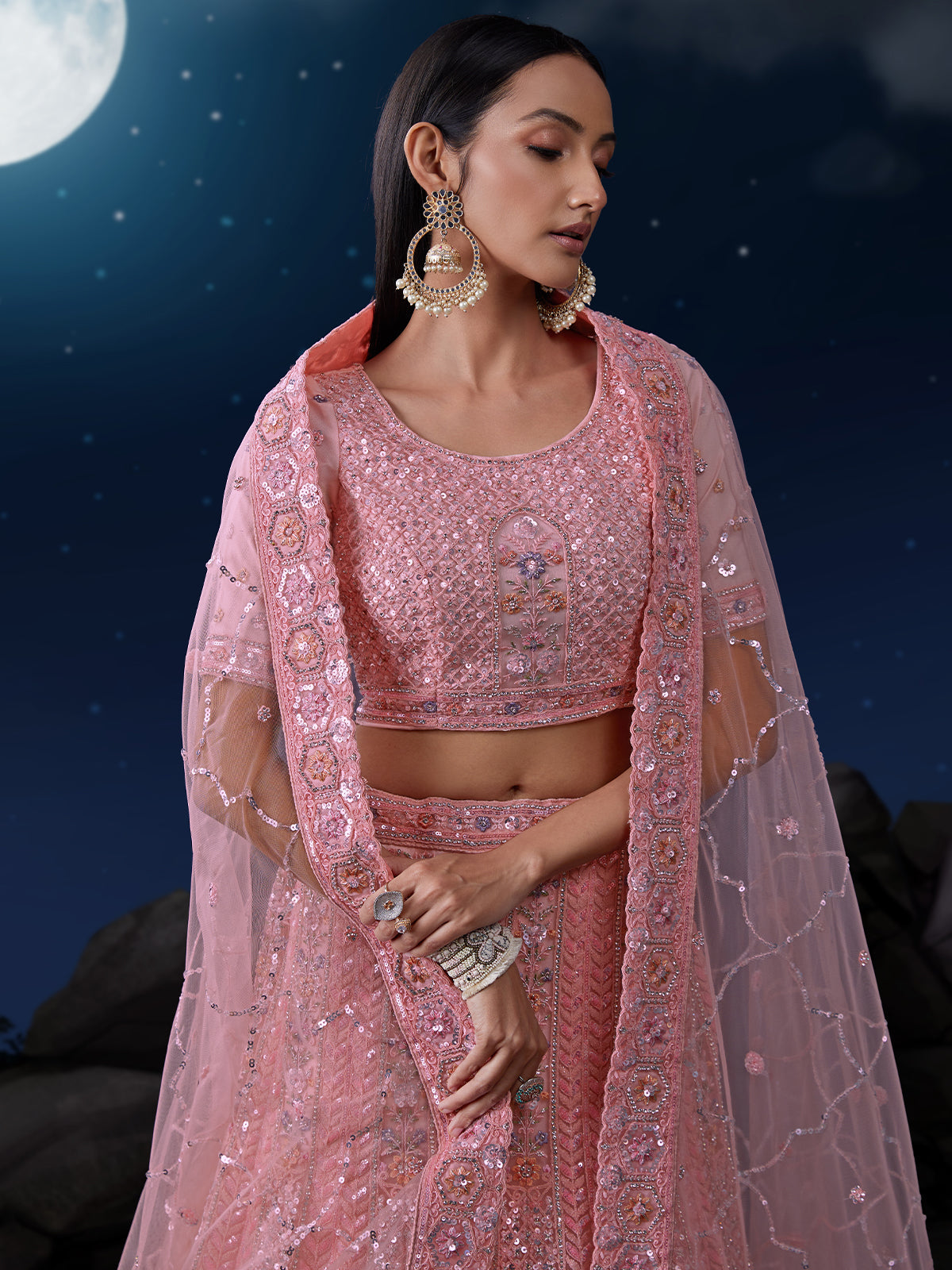 Odette Pink Embellished Soft Net Semi Stitched Lehenga With Blouse For Women