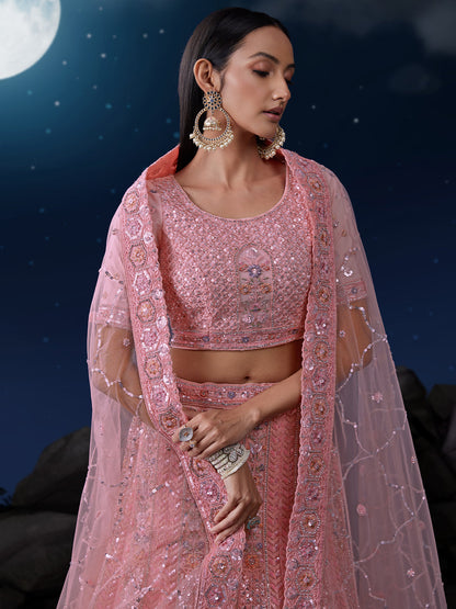 Odette Pink Embellished Soft Net Semi Stitched Lehenga With Blouse For Women