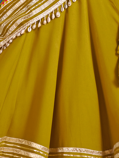 Odette Green Viscose Cotton Embroidered Semi-Stitched Lehenga Choli For Women