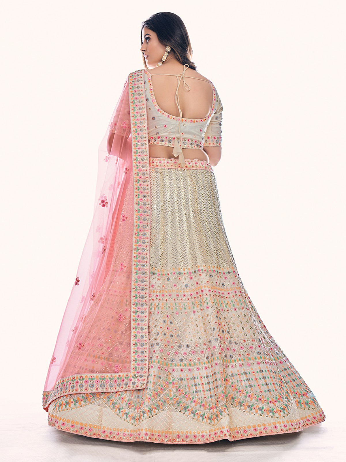 Odette Off White Embroidered Soft Net Semi Stitched Lehenga With Blouse For Women