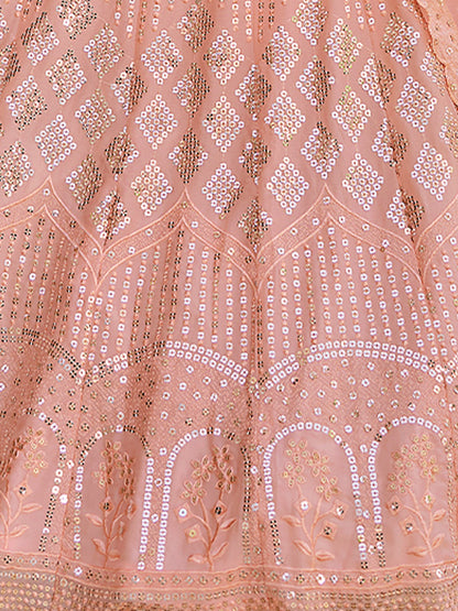 Odette Peach Embellished Georgette Semi Stitched Lehenga With Blouse For Women