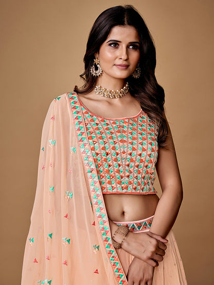 Odette Peach Embroidered Georgette Stitched Lehenga With Blouse For Women