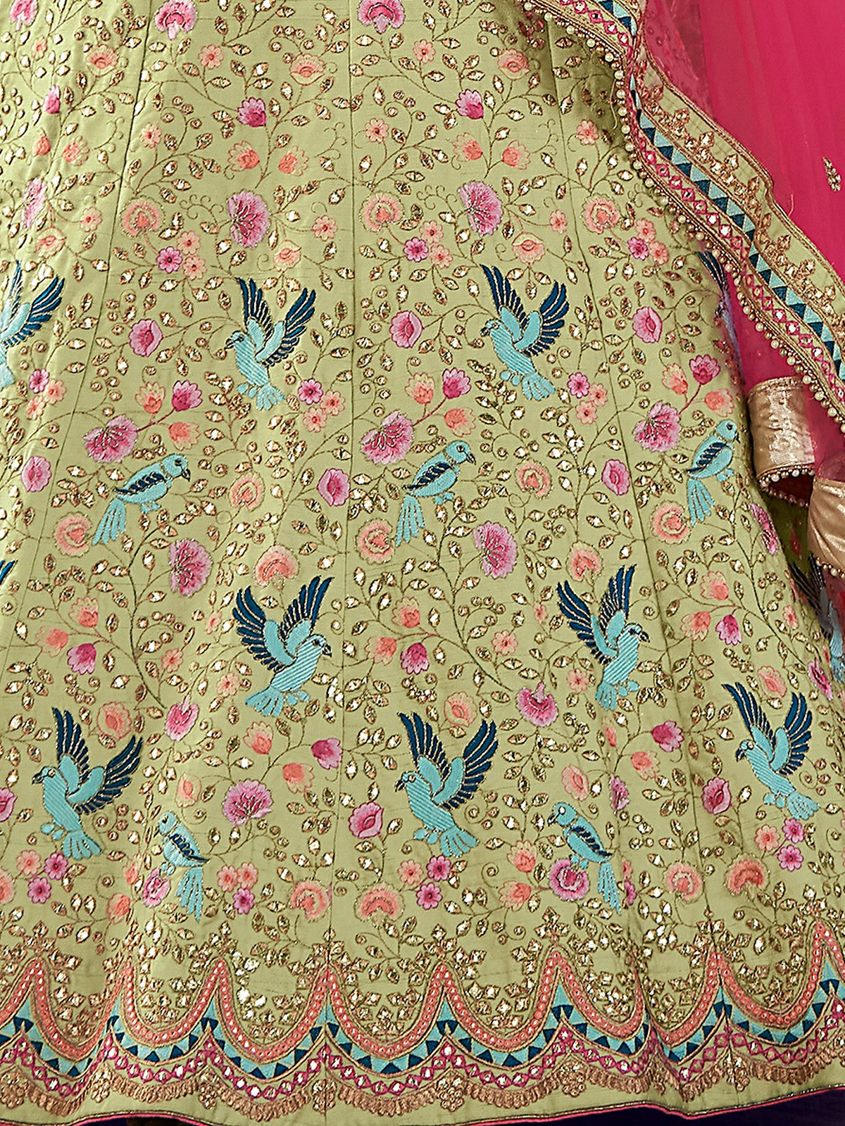 Odette Olive Embroidered Art Silk Semi Stitched Lehenga With Blouse For Women