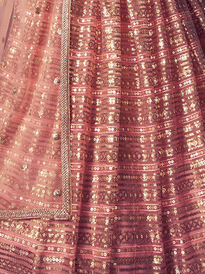 Odette Peach Embellished Soft Net Semi Stitched Lehenga With Blouse For Women