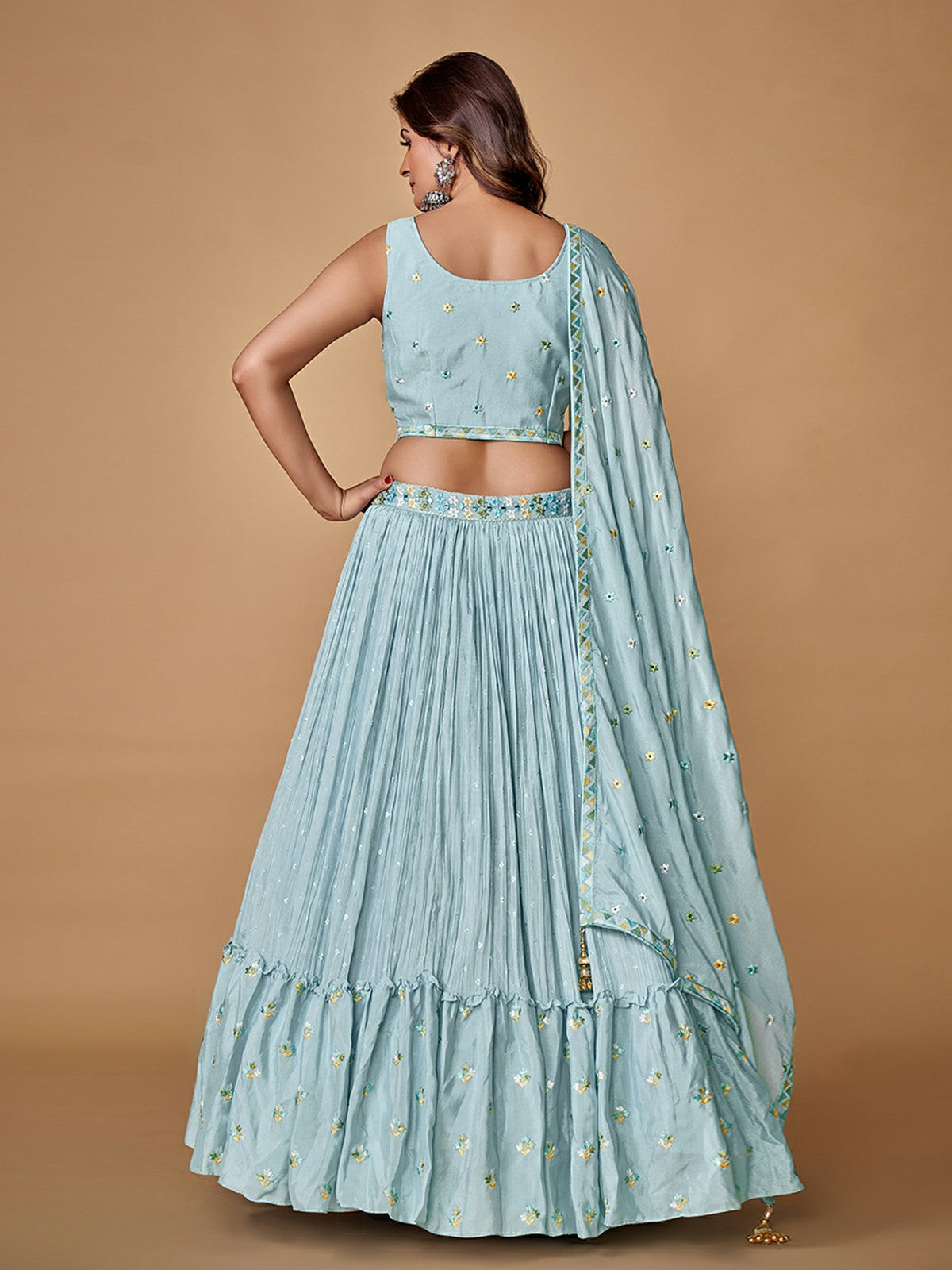 Odette Blue Embroidered Chiffon Stitched Lehenga With Blouse For Women