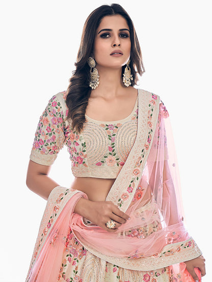 Odette Off White Embroidered Soft Net Semi Stitched Lehenga With Blouse For Women