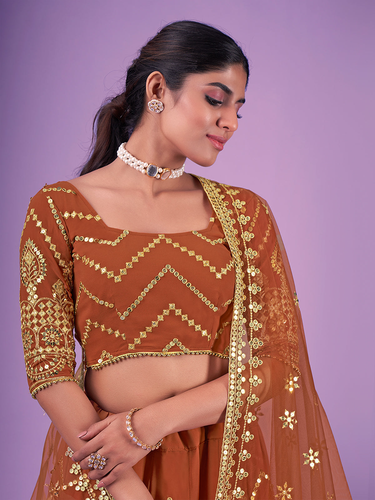 Odette Rust Embroidered Georgette Semi Stitched Lehenga With Blouse For Women