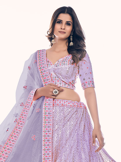 Odette Lavender Embroidered Soft Net Semi Stitched Lehenga With Blouse For Women