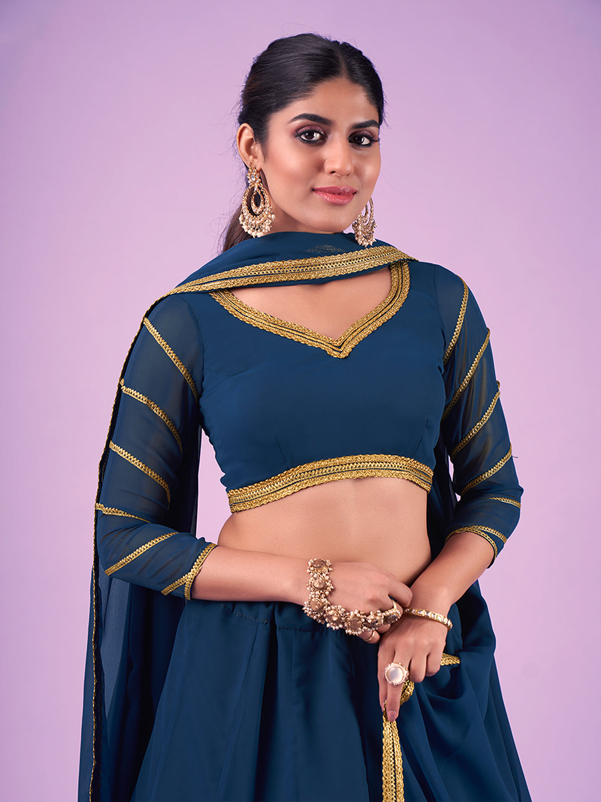 Odette Navy Blue Embellished Georgette Semi Stitched Lehenga With Blouse For Women