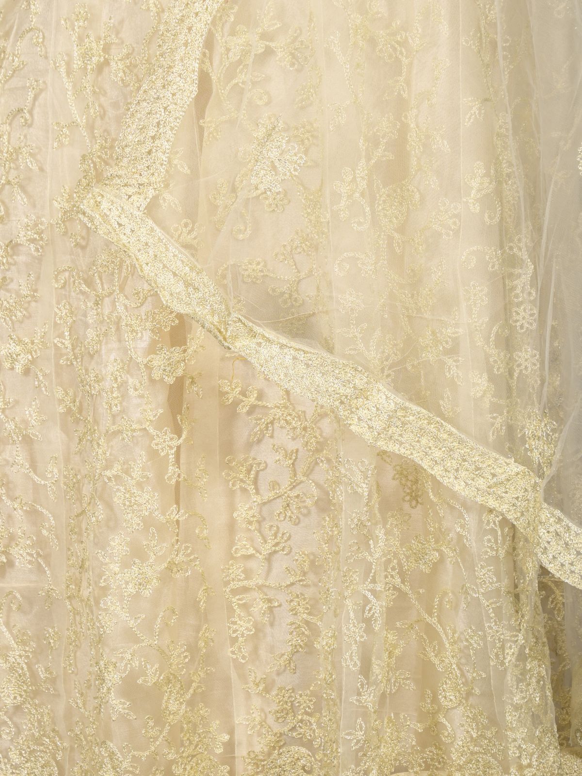 Odette Off White Embroidered Net Semi-Stitched Lehenga with Unstitched Blouse for Women