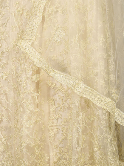 Odette Off White Embroidered Net Semi-Stitched Lehenga with Unstitched Blouse for Women