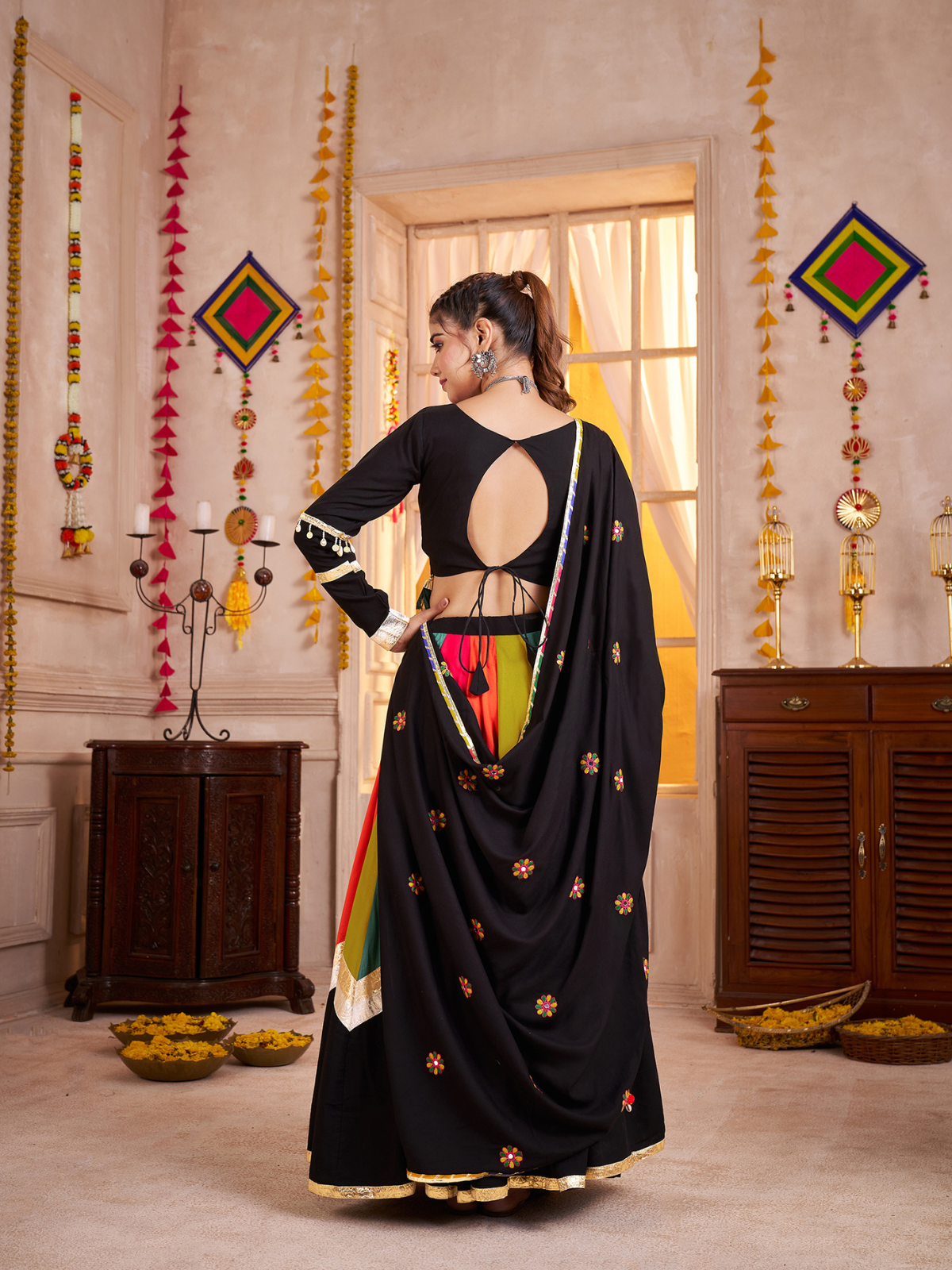 Odette Multicolor Viscose Cotton Embroidered Semi-Stitched Lehenga Choli For Women