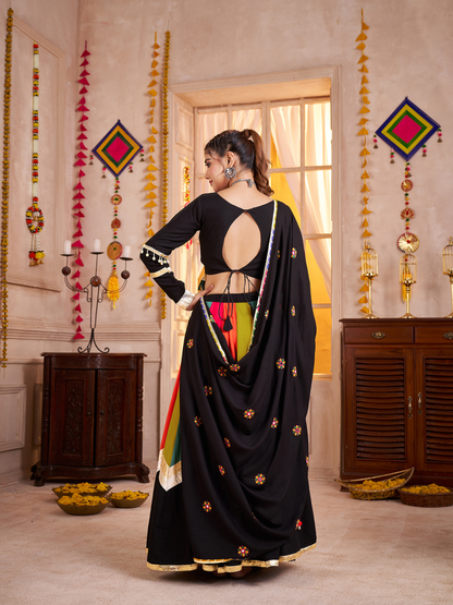 Odette Multicolor Viscose Cotton Embroidered Semi-Stitched Lehenga Choli For Women