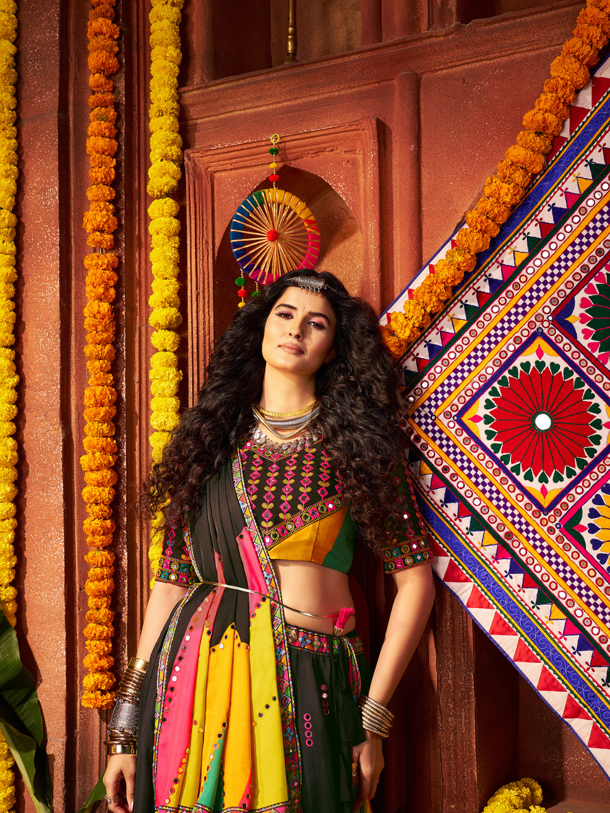 Odette Black Silk Blend Printed Semi-Stitched Lehenga For Women