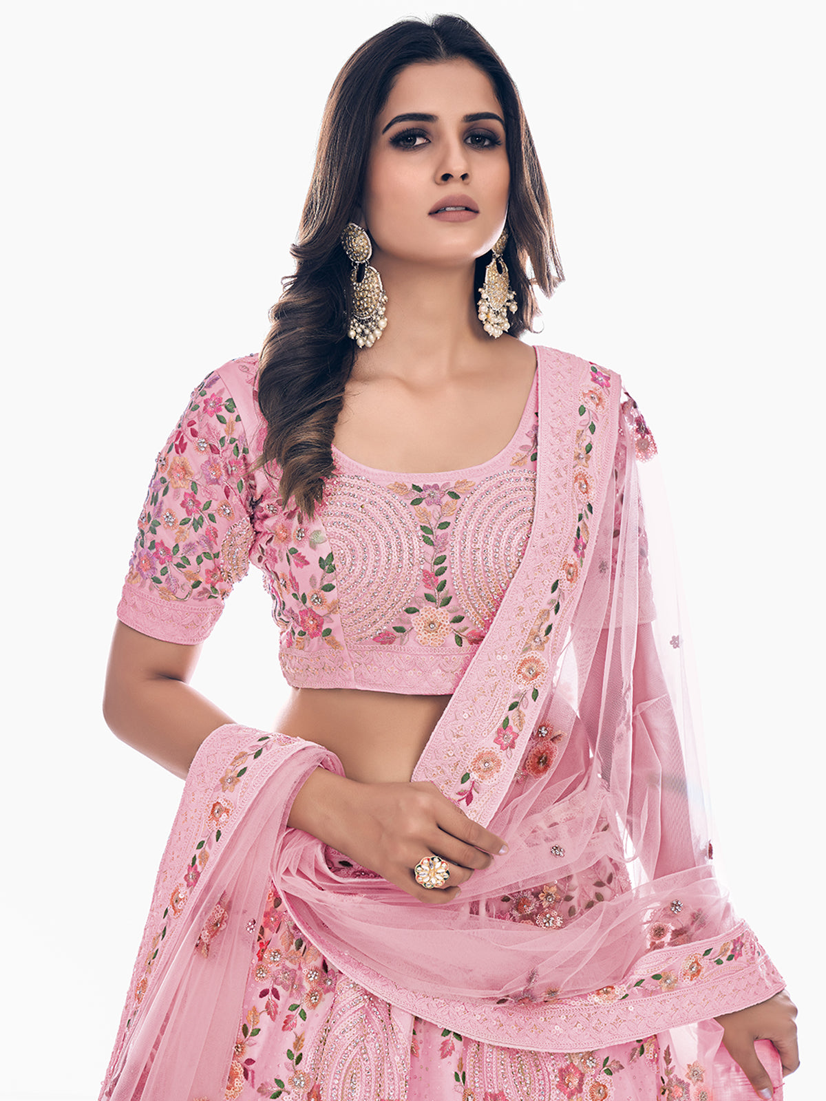 Odette Pink Embroidered Soft Net Semi Stitched Lehenga With Blouse For Women