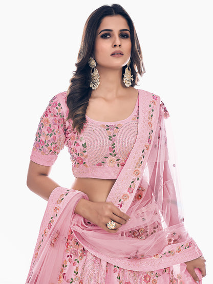 Odette Pink Embroidered Soft Net Semi Stitched Lehenga With Blouse For Women