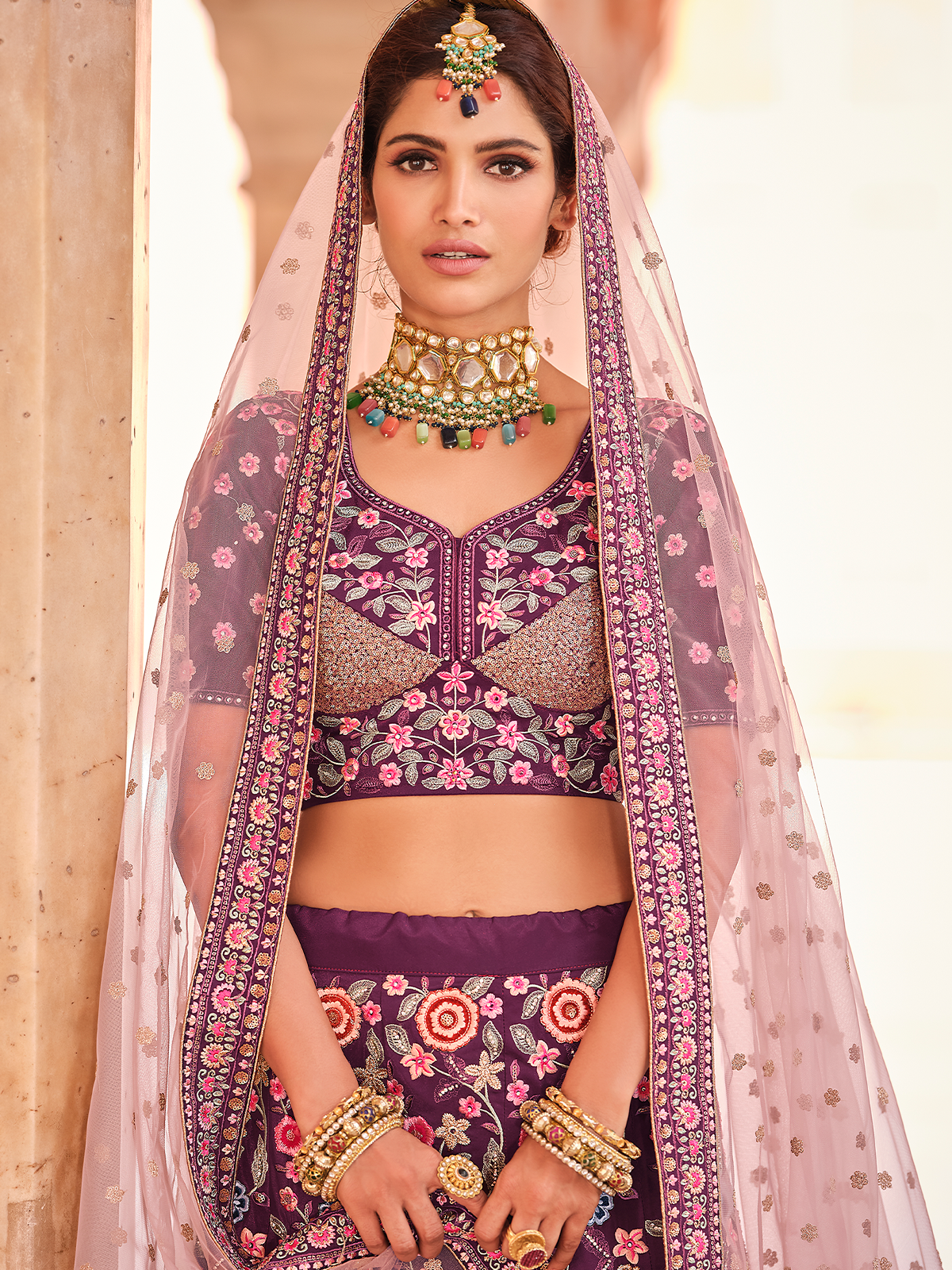 Odette Women Purple Crepe Semi Stitched Lehenga With Unstitched Blouse