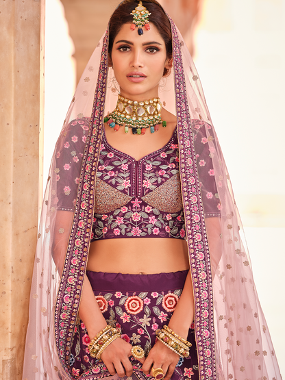 Odette Women Purple Crepe Semi Stitched Lehenga With Unstitched Blouse