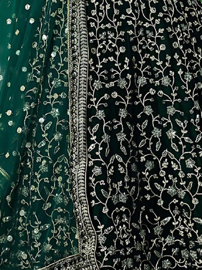 Odette Green Velvet Embroidered Semi-Stitched Lehenga For Women