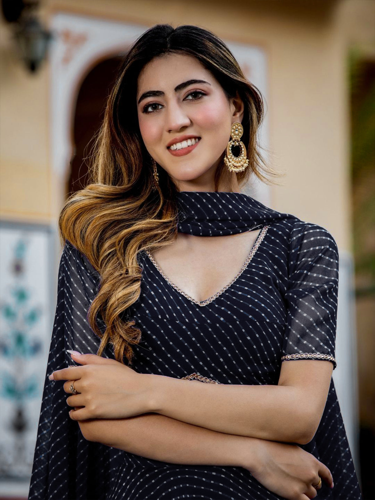 Odette Black Georgette Printed Semi Stitched Lehenga With Unstitched Blouse For Women