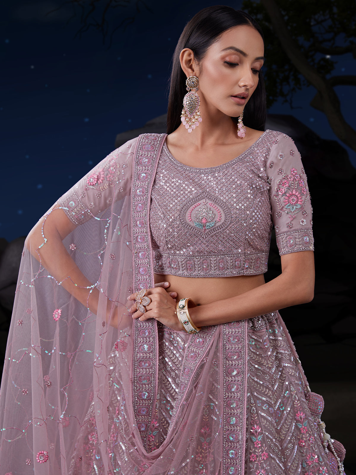 Odette Mauve Embroidered Soft Net Semi Stitched Lehenga With Blouse For Women
