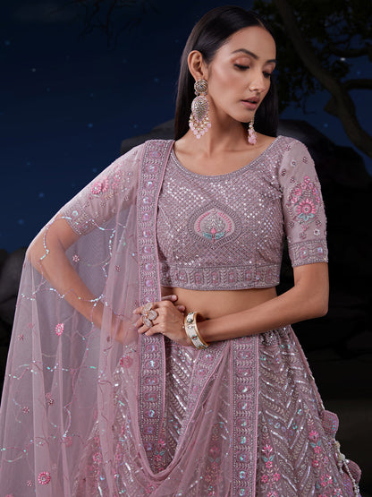 Odette Mauve Embroidered Soft Net Semi Stitched Lehenga With Blouse For Women
