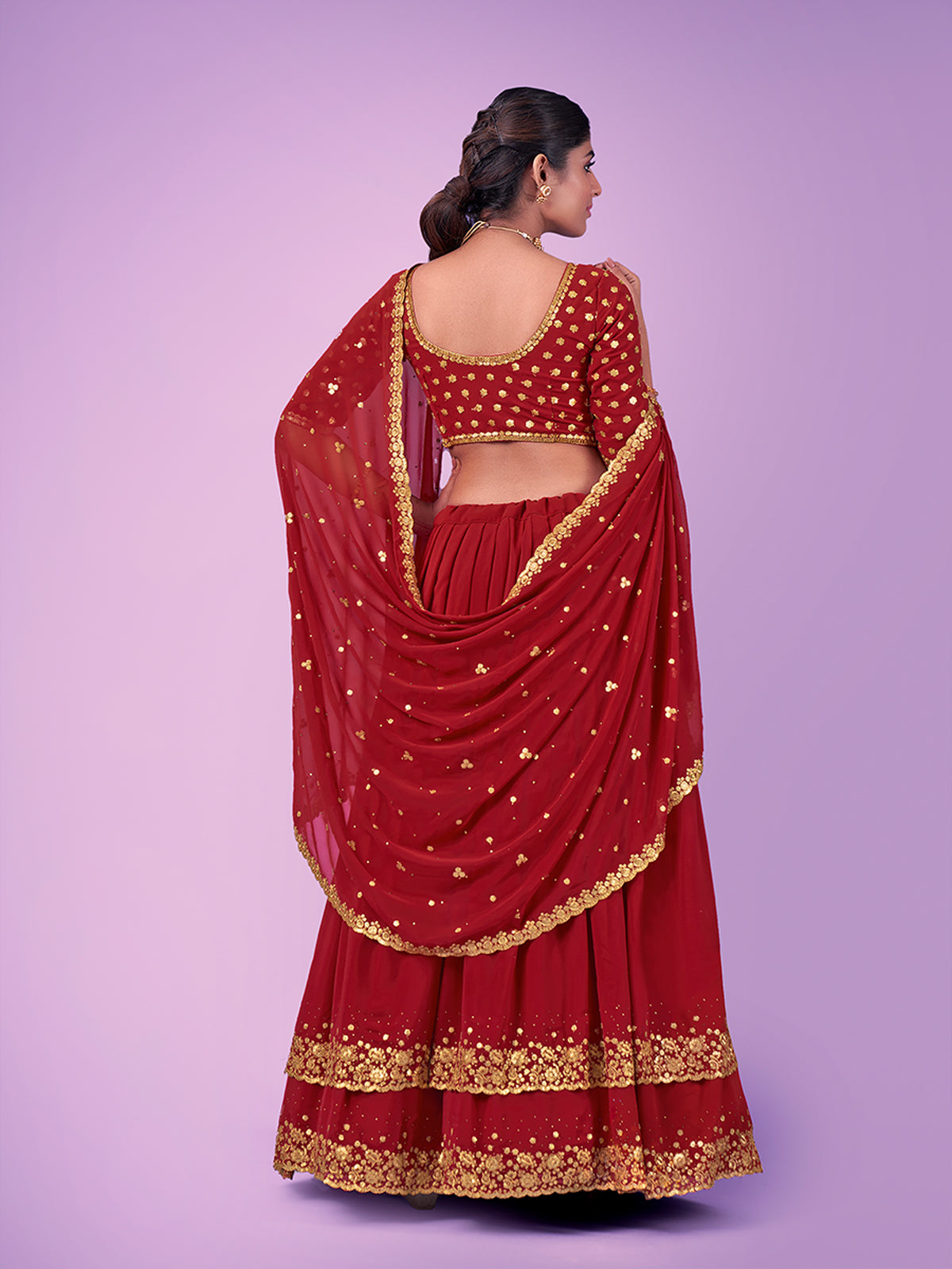 Odette Red Embroidered Georgette Semi Stitched Lehenga With Blouse For Women