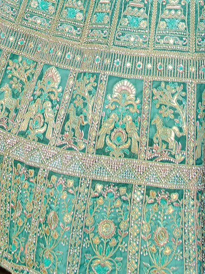 Odette Sea Green Embroidered Organza Semi Stitched Lehenga With Blouse For Women