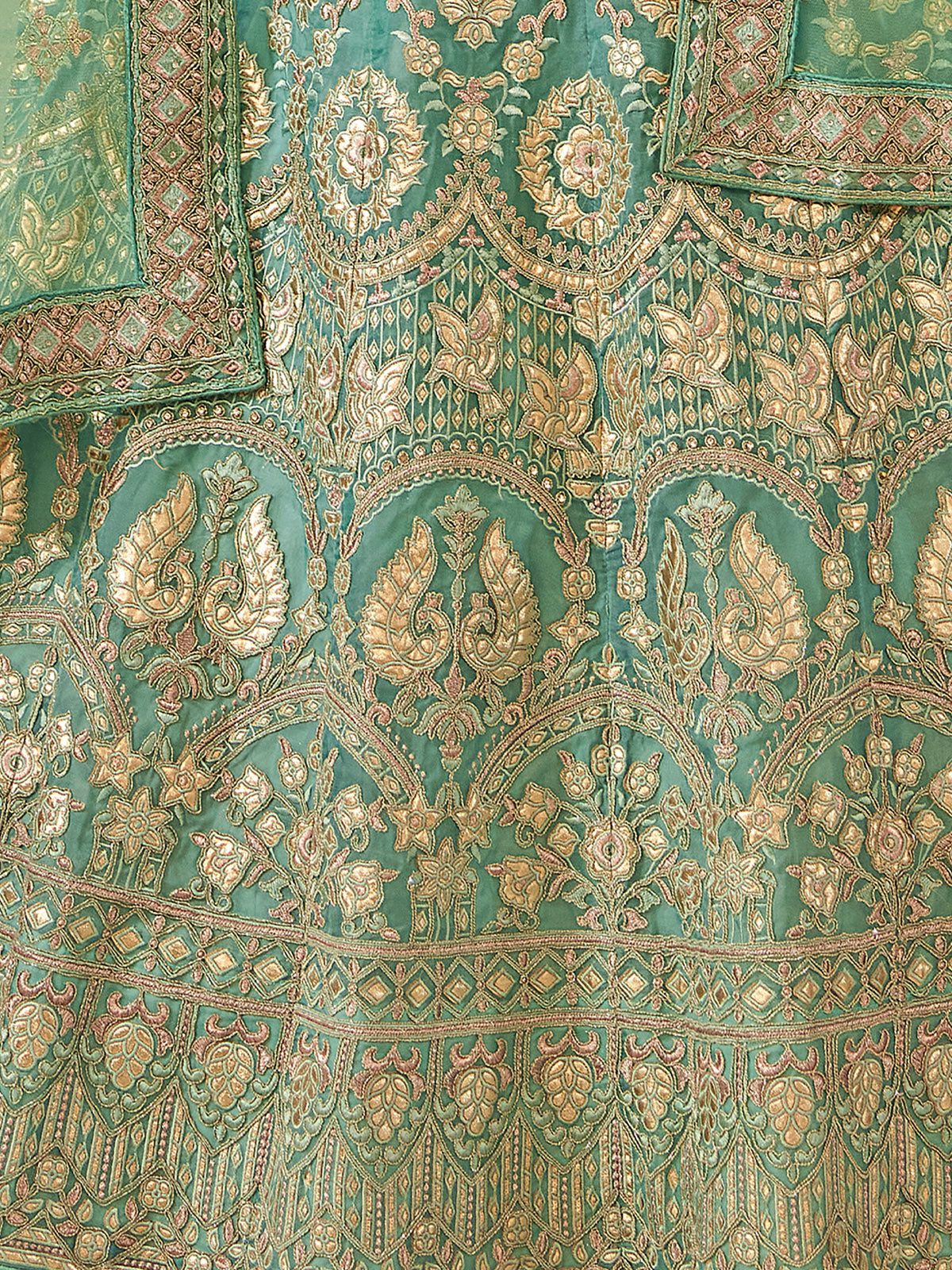 Odette Sea Green Embroidered Organza Semi Stitched Lehenga With Blouse For Women