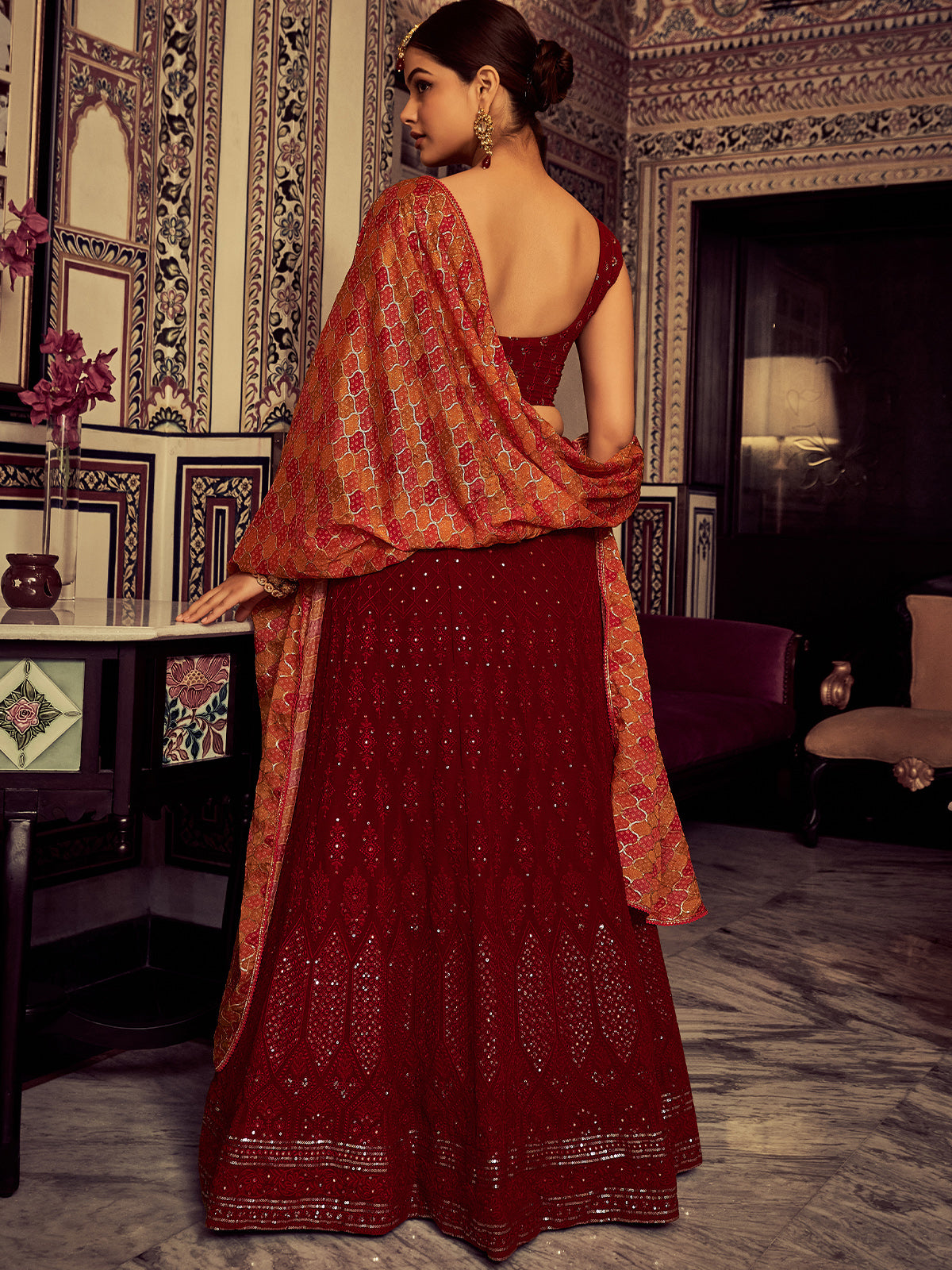Odette Women Stylish Maroon Embroidered Georgette Semi Stitched Lehenga With Blouse Piece