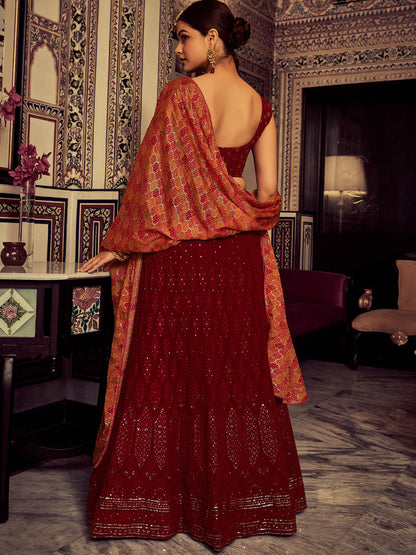 Odette Women Stylish Maroon Embroidered Georgette Semi Stitched Lehenga With Blouse Piece