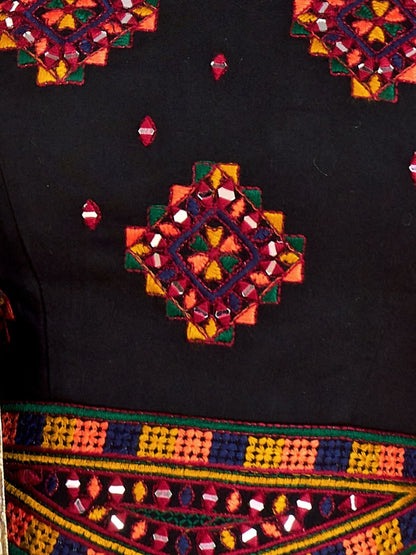 Odette Black Cotton Blend Solid With Golden Border Semi-Stitched Lehenga For Women