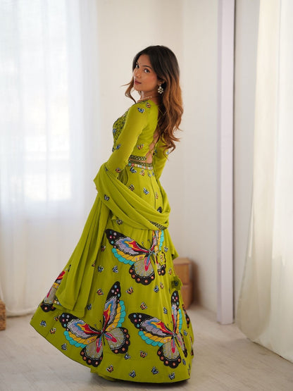 Odette Green Georgette Embroidered Semi-Stitched lehenga For Women