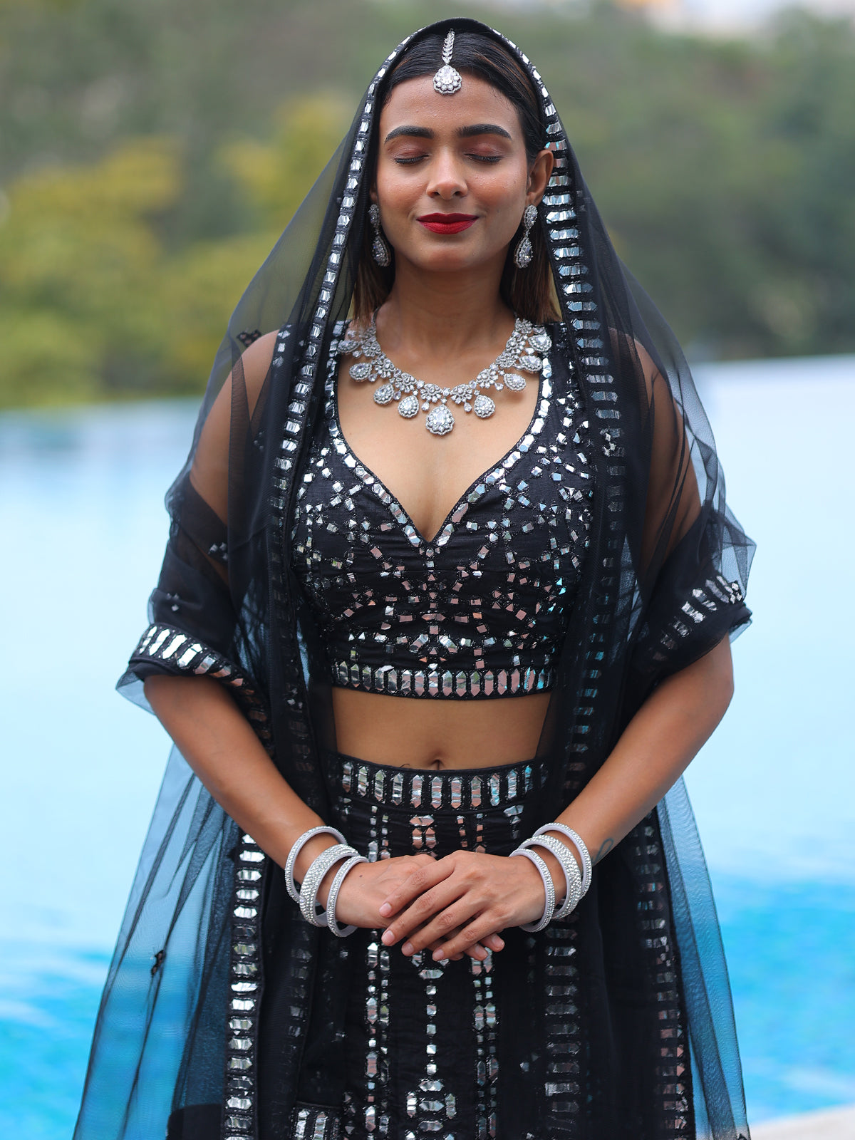 Odette Black Silk Blend Semi Stitched Lehenga With Unstitched Blouse For Women