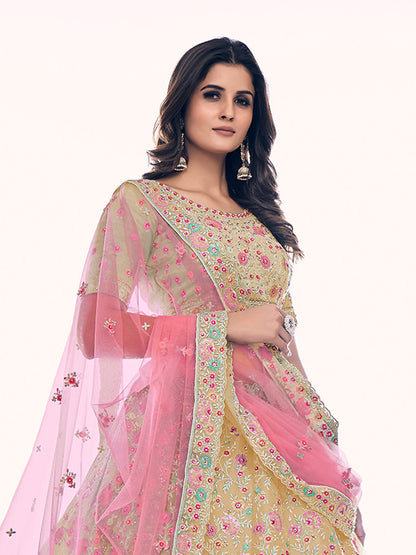 Odette Cream Embroidered Silk Blend Semi Stitched Lehenga With Blouse For Women