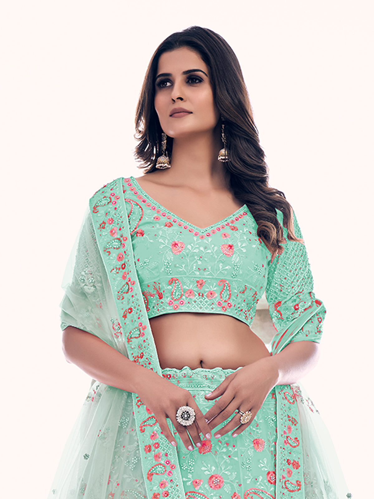 Odette Sea Green Embroidered Soft Net Semi Stitched Lehenga With Blouse For Women
