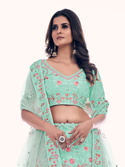 Odette Sea Green Embroidered Soft Net Semi Stitched Lehenga With Blouse For Women