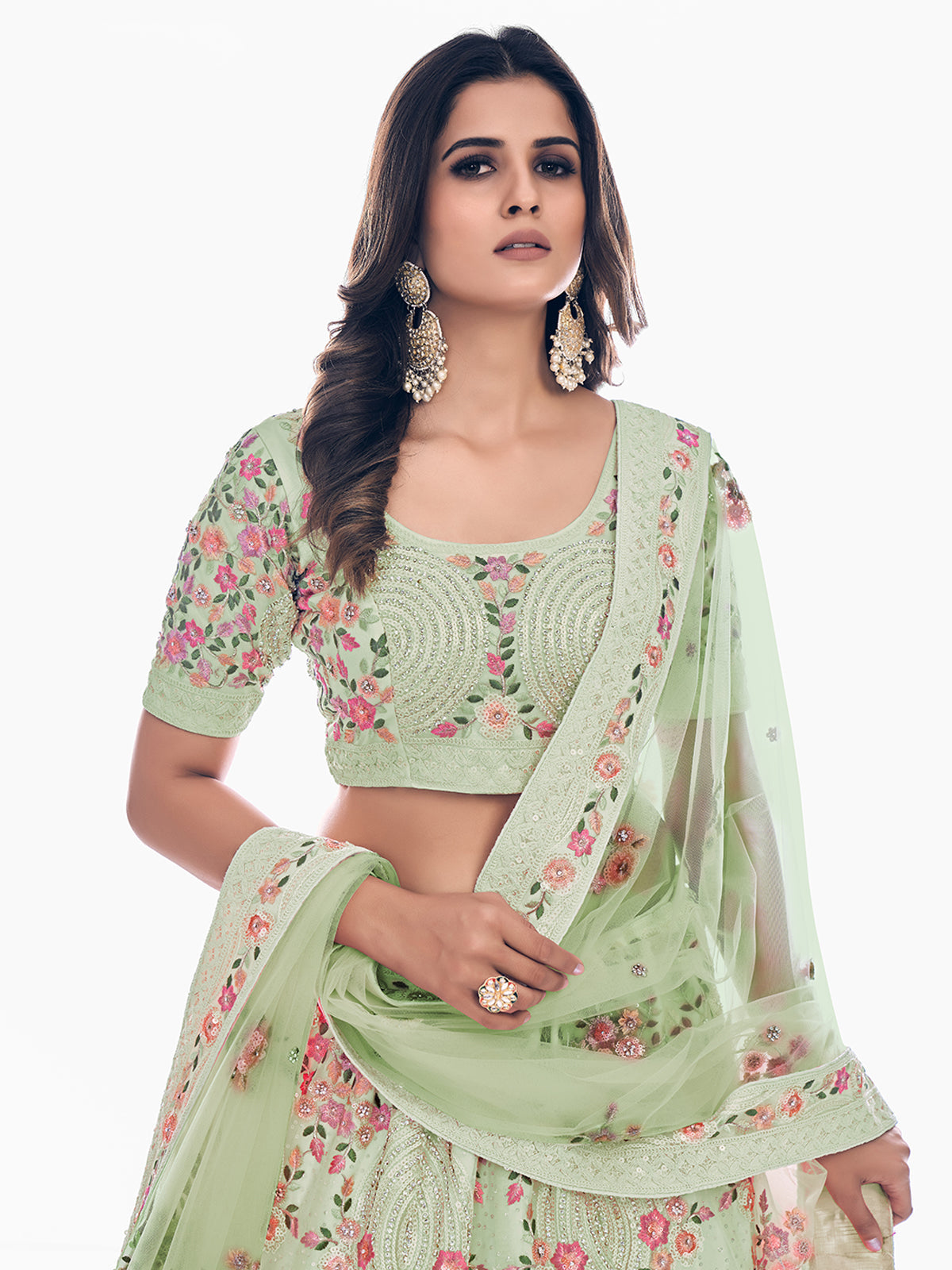 Odette Olive Embroidered Soft Net Semi Stitched Lehenga With Blouse For Women