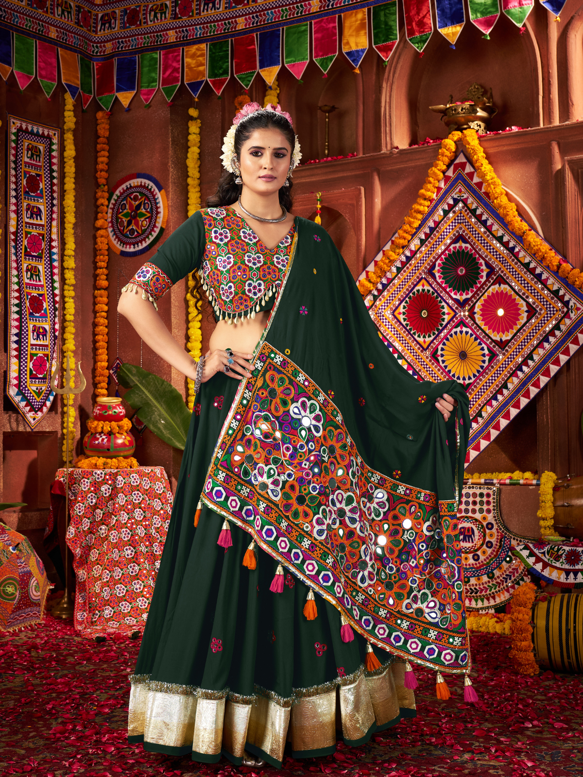 Odette Dark Green Cotton Blend Embroidered Semi-Stitched lehenga For Women