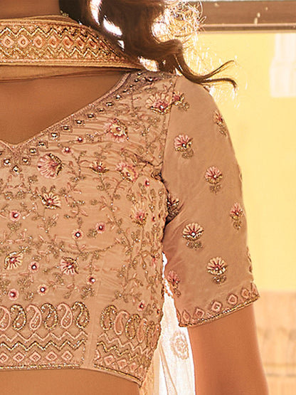 Odette Peach Embroidered Crepe Semi Stitched Lehenga With Blouse For Women