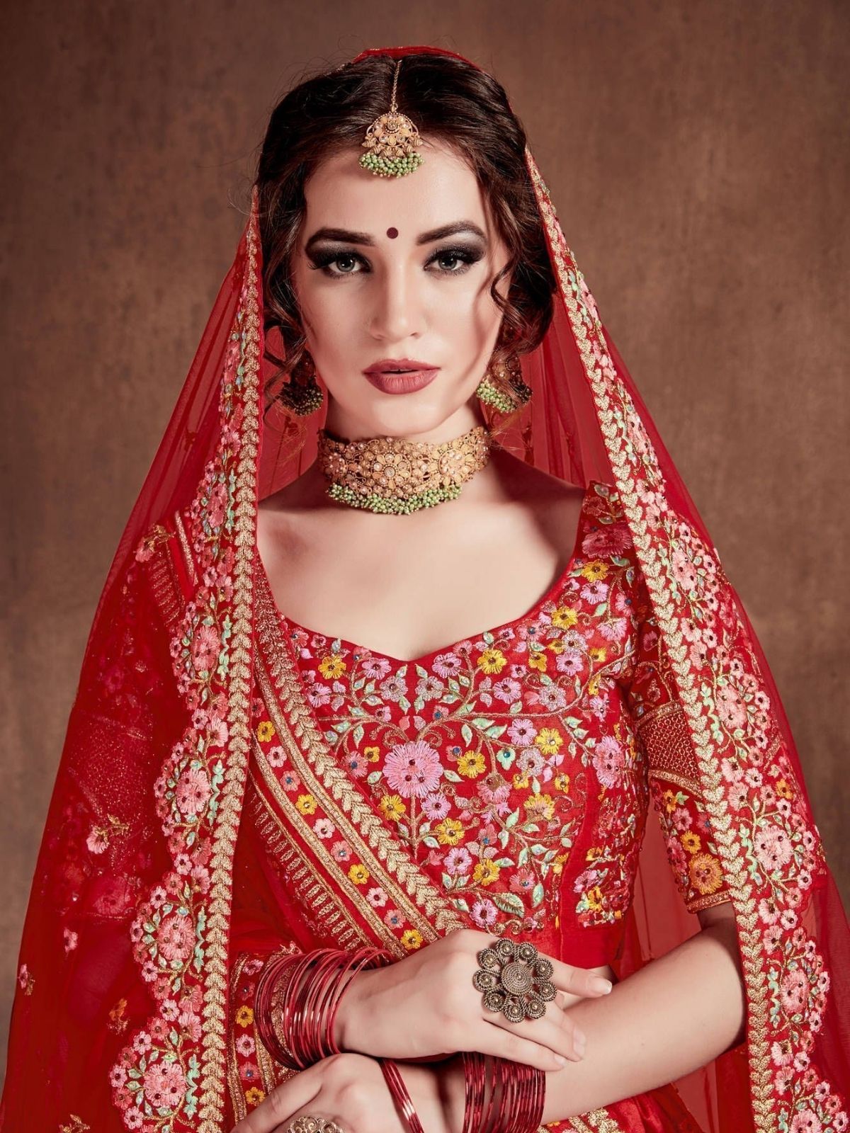 Odette Red Art Silk Embroidered Semi-Stitched lehenga For Women