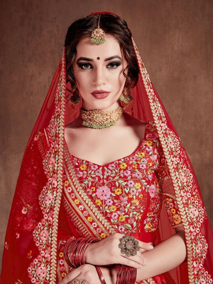 Odette Red Art Silk Embroidered Semi-Stitched lehenga For Women