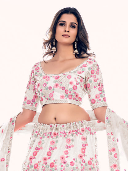 Odette White Embroidered Soft Net Semi Stitched Lehenga With Blouse For Women