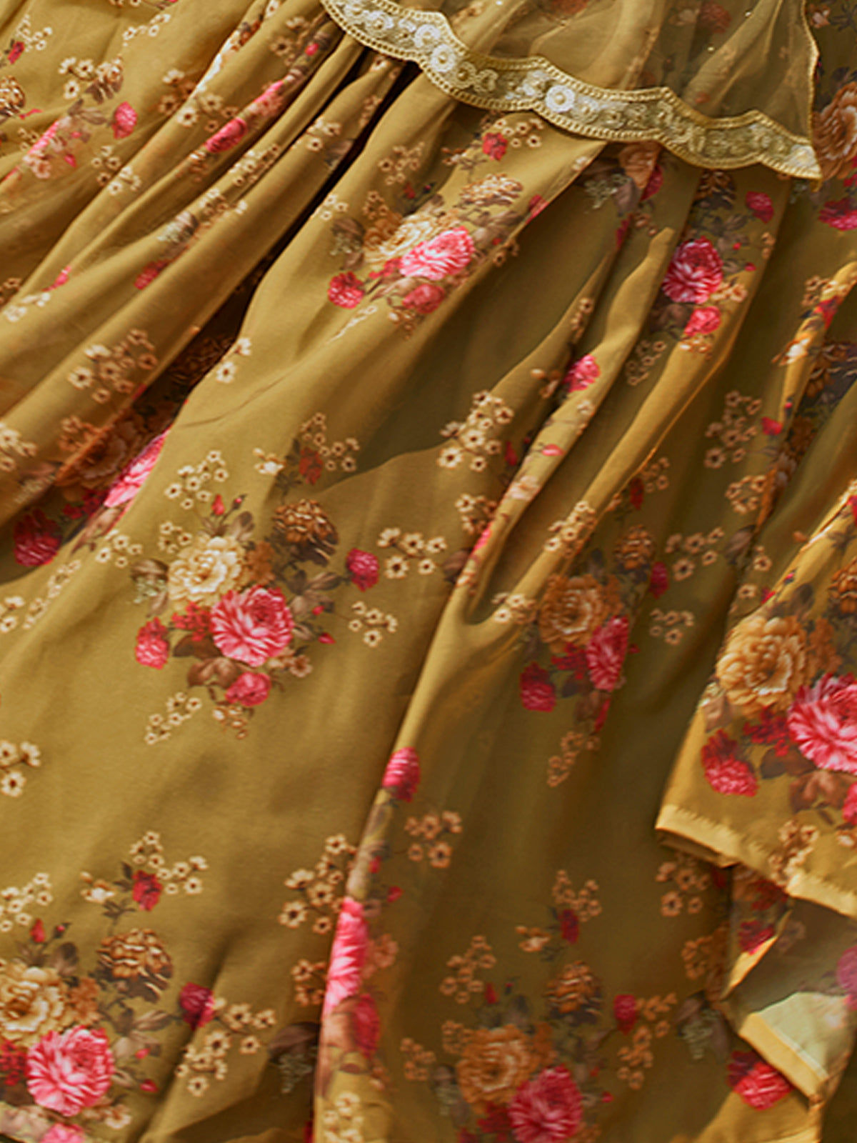 Odette Olive Printed Organza Semi Stitched Lehenga With Blouse For Women