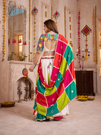 Odette Multicolor Viscose Cotton Embroidered Semi-Stitched Lehenga Choli For Women