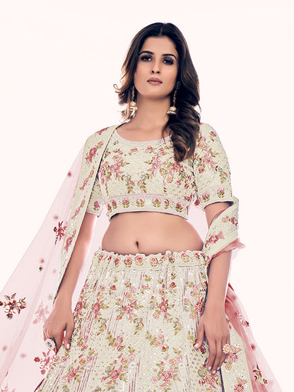 Odette Cream Embroidered Soft Net Semi Stitched Lehenga With Blouse For Women