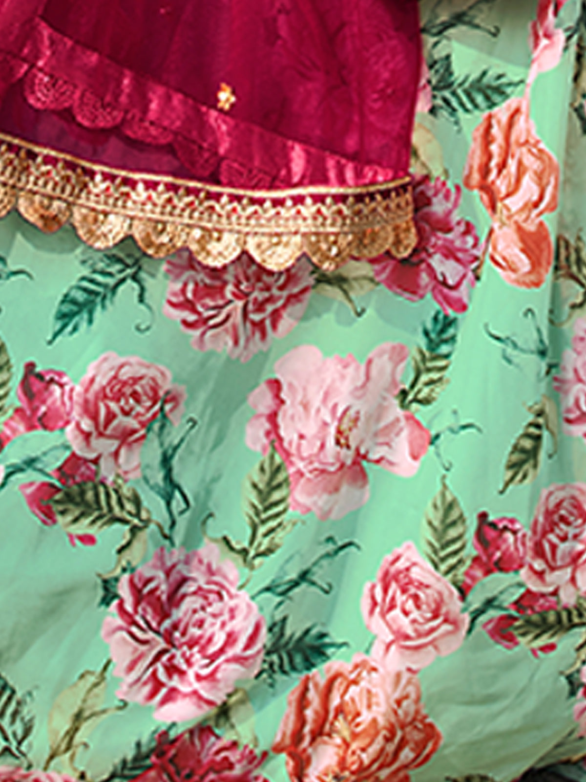 Odette Sea Green Printed Organza Semi Stitched Lehenga With Blouse For Women