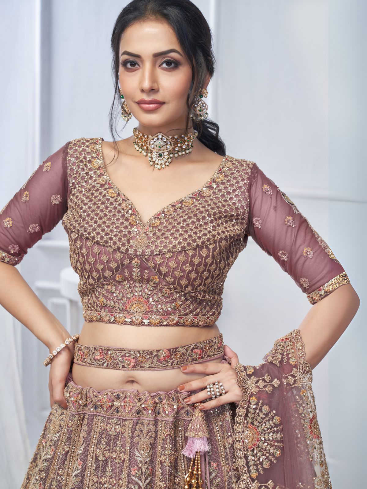 Odette Mauve Soft Net Embroidered Semi-Stitched Lehenga With Unstitched Blouse For Women